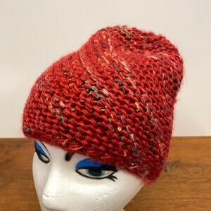 Wool Blend Women’s Red Chunky Knit Beanie Stocking Cap Ski Winter Hat Boho Indie